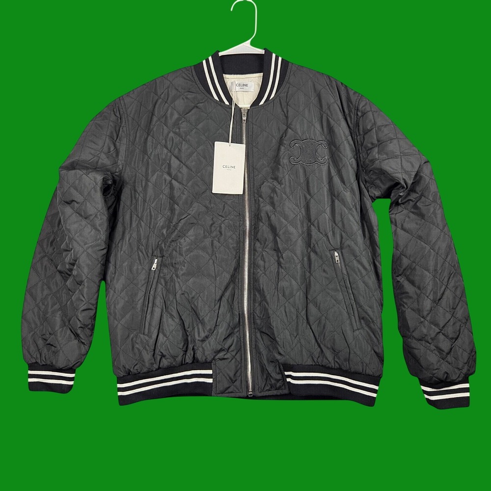 Celine Quilted Teddy Jacket Mens M Black New Triomphe Logo Bomber 2V47D038N